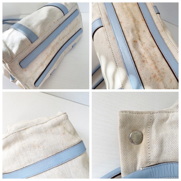 Prada natural canvas blue leather trim snap button tote bag - Picture 3 of 11